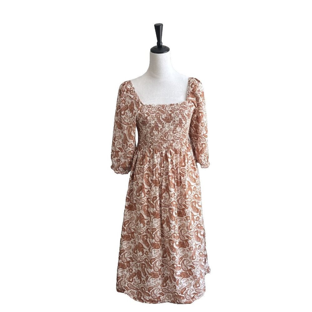 J.Gee 100% Cotton Midi Dress Tan/Brown Floral Women's Sz PL Square Neck